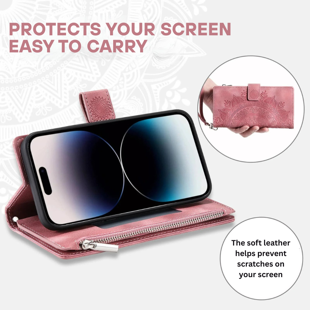Caelina Magnetic Leather Wallet iPhone Case With Straps