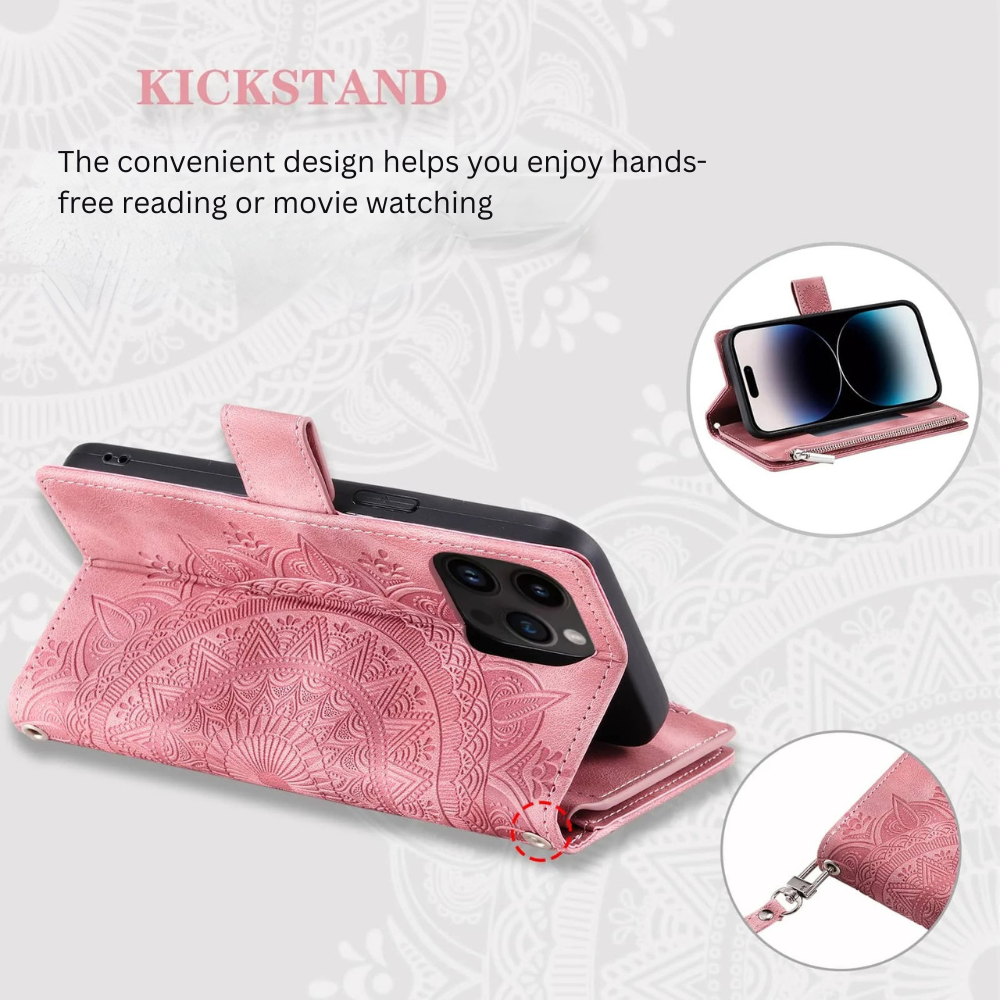 Caelina Magnetic Leather Wallet iPhone Case With Straps